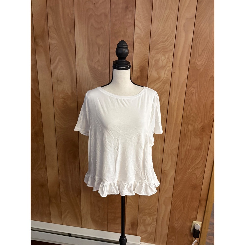 Gap Womens White Ruffle Hem Short Sleeve T-Shirt Size M Tall Cotton Crew Neck